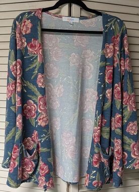 LuLaRoe Floral Blue Cardigan with Pink and Green Accents